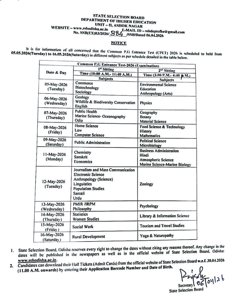 PG entrance schedule